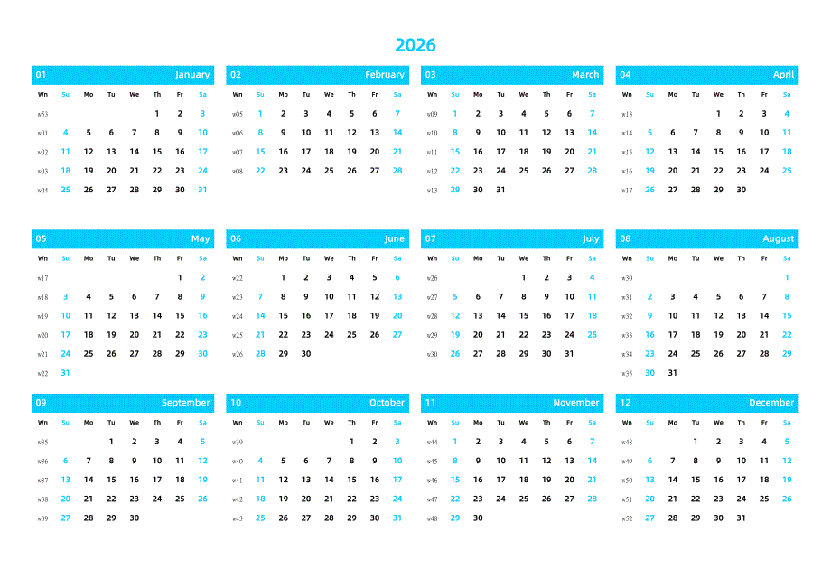 日历表 2026年 横向排版 A4打印一页 带周数_第1页