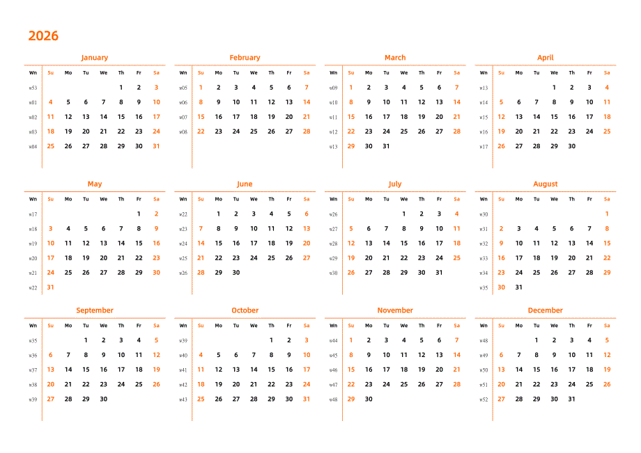 9款英文日历表2026年（Calendar）横向_带周数_单页一张图_A4打印版_第1页