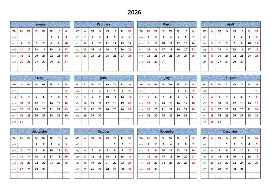 日历表2026年 横向排版 周日开始 带周数 12个月打印一张_第1页