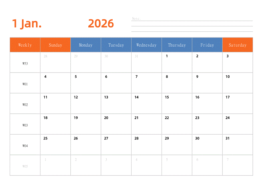 完整版日历表 2026年 横向排版 周日开始 带周数 一月一张_第1页