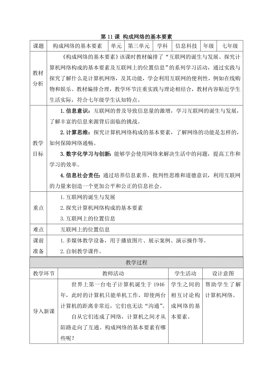 河北大学版（2024）初中信息科技七年级全一册第三单元《第11课 构成网络的基本要素》精品教案_第1页