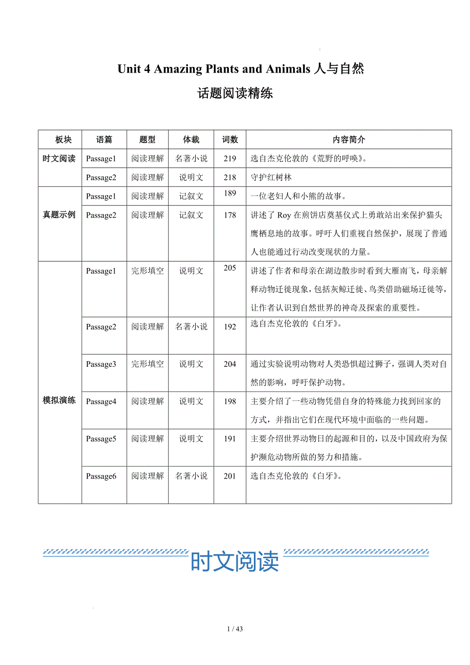 人教版（2024）新教材八年级英语上册Unit 4 Amazing Plants and Animals 人与自然（话题阅读精练）_第1页