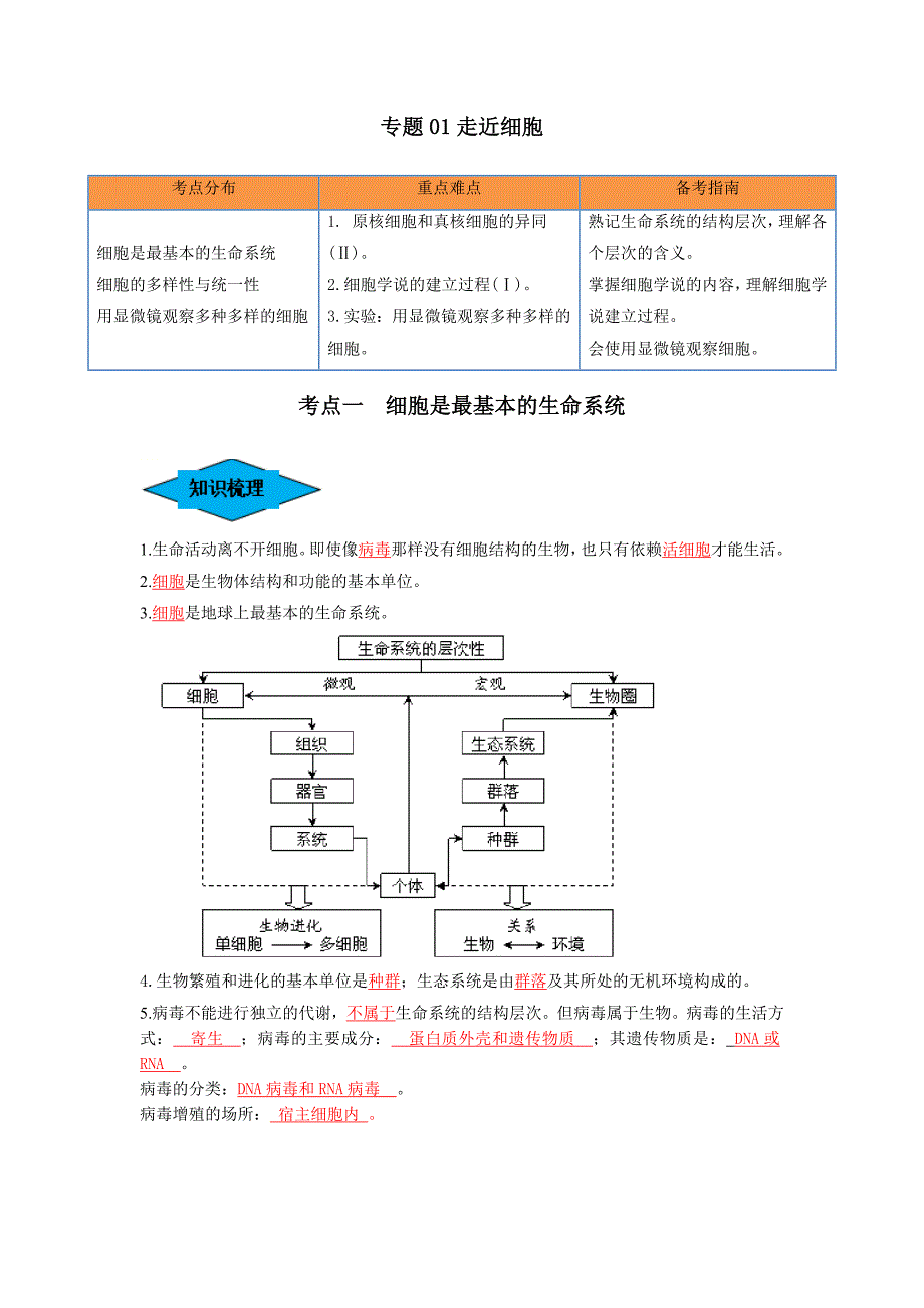 高考生物一轮复习 串讲 专题01 走近细胞（串讲）（解析版）_第1页