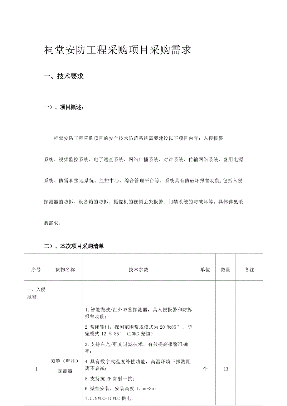 祠堂安防工程采购项目采购需求_第1页