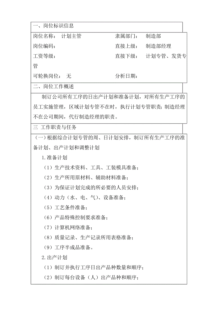 ××有限公司计划主管岗位工作说明书_第1页