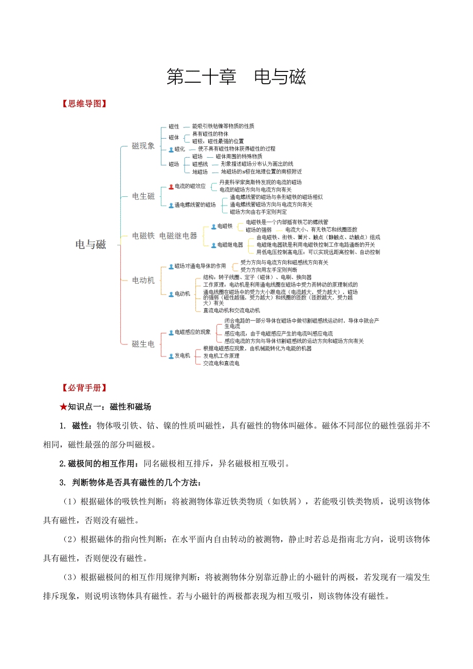 2026年中考物理必背知识手册（思维导图+背诵手册）第二十章++电与磁_第1页