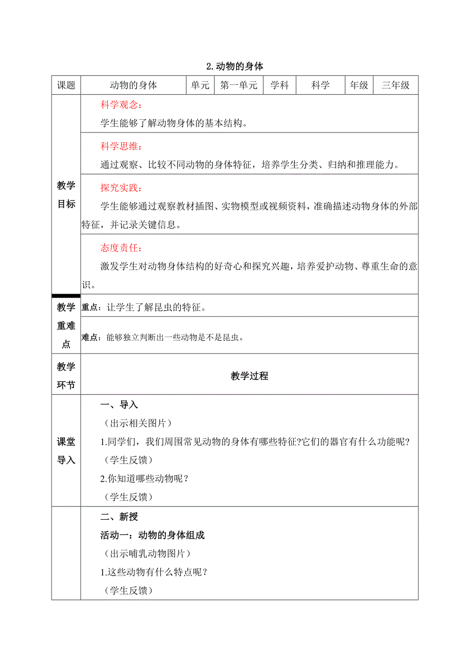 冀人版（2024）新教材小学三年级科学上册第一单元《2 动物的身体》每课时 精品教案汇编（含两个教案）_第1页