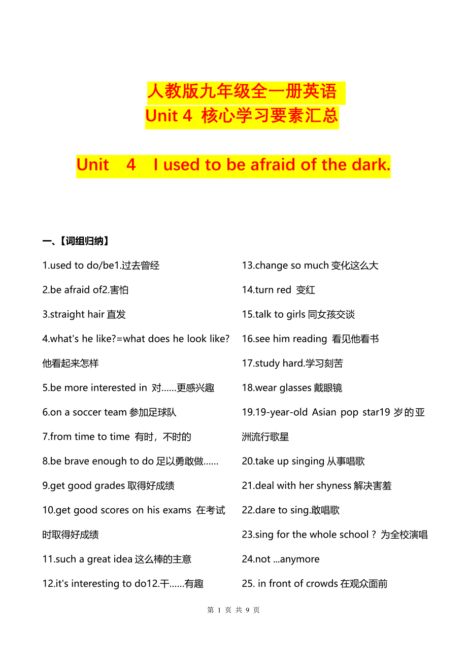 人教版九年级英语-Unit 4 I used to be afraid of the dark.核心学习要素总结_第1页