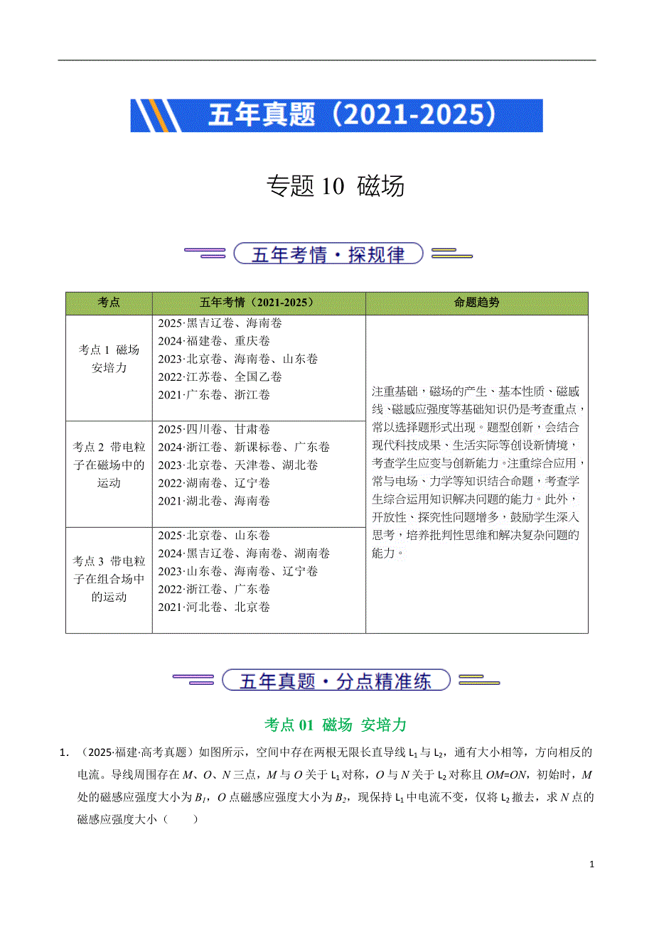 五年（2021-2025）高考物理真题分类汇编：专题10 磁场（全国通用）（解析版）_第1页
